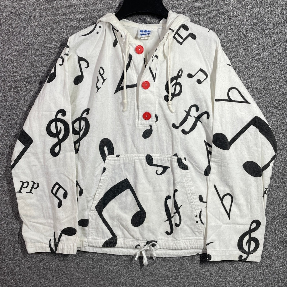Vintage Michigan Rag Co Music Note Hooded Jacket White Black Cotton S/M USA